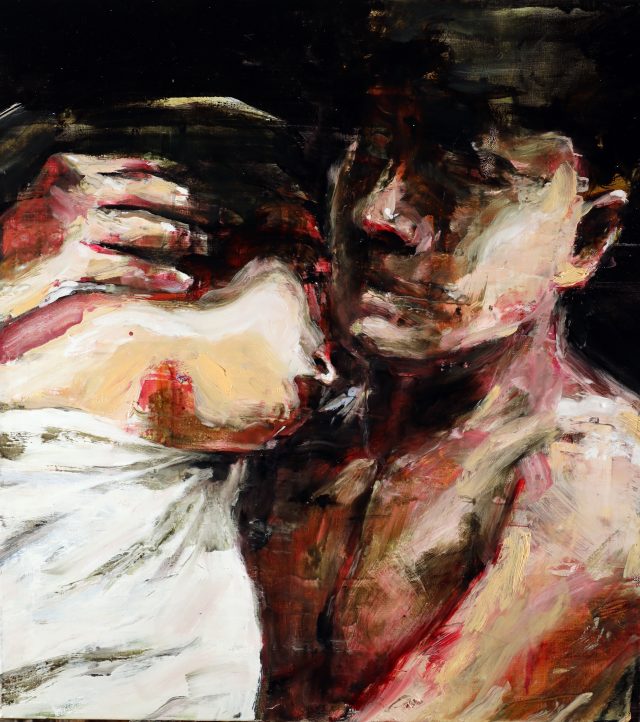 Paolo Maggis, White Shirt, 2025, painting in oil on canvas, 83x93 cm, abstract figurative composition